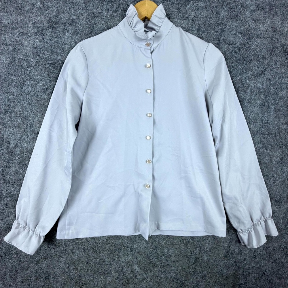 Vintage Rhoda Lee Blouse Top Womens 8 Light Gray Ruffled Mock Neck Button Front